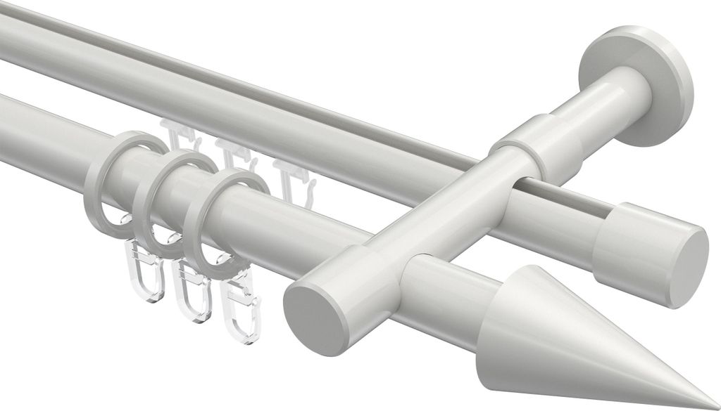 Interdeco Rundrohr-Innenlaufstange / Gardinenstange (Kombination) Weiß, Typ Prestige Savio (Kegel), 20 mm Ø 2-läufig, 360 cm