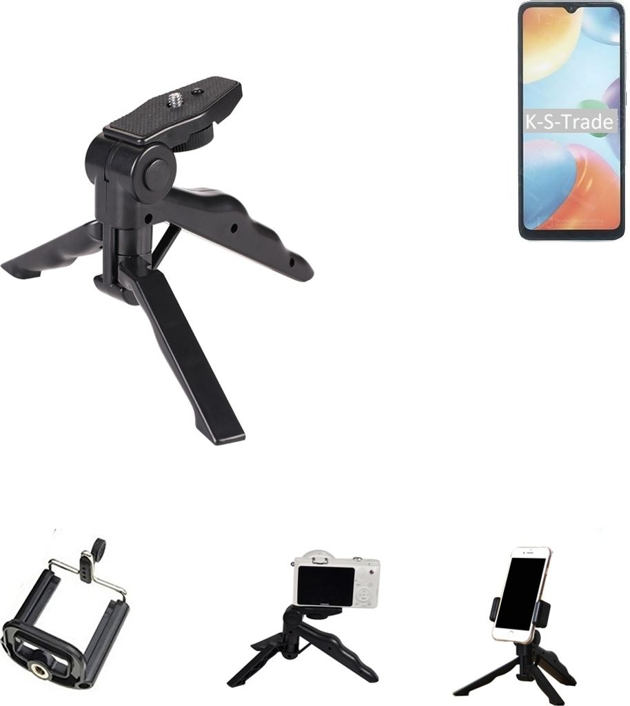 K-S-Trade Stativ Tisch-Ständer Dreibein Handy-Stativ Ständer kompatibel mit Xiaomi Redmi 10C Mini-Stativ Smartphone Tripod Handy-Stativ aus Plastik