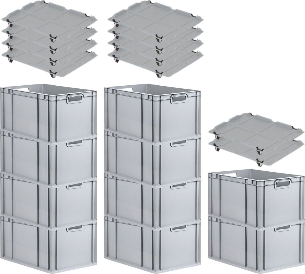 SparSet 10x Eurobox NextGen Economy mit Auflagedeckel und 4x Schiebeschnappverschlüsse Schwarz | Griffe offen | HxBxT 32x40x60cm | 65 Liter | Euro...