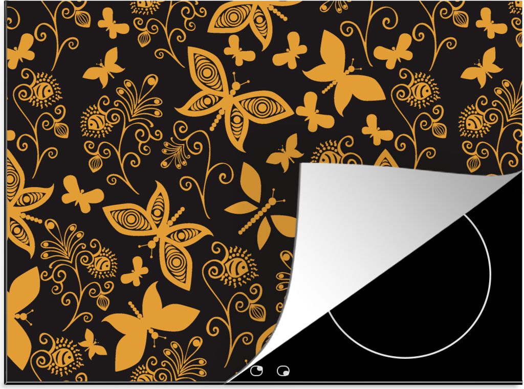 KitchenYeah Herdabdeckplatte Blumen - Schmetterling - Gold - Muster , 75x52cm, Küche Deko, Glaskeramikkochfeld Herdabdeckung, Abdeckplatte fùr ...