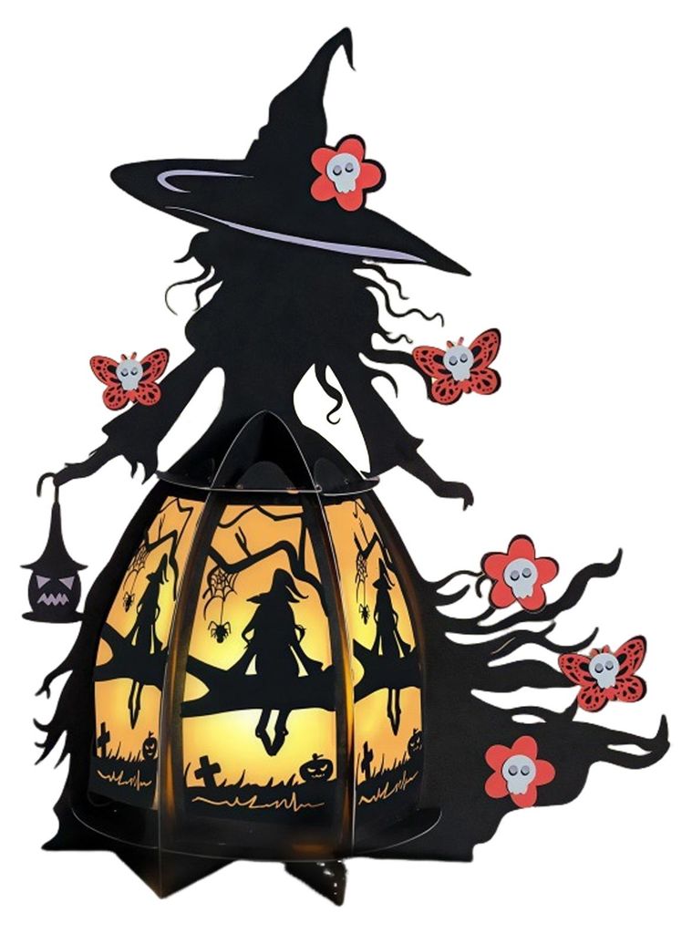 Halloween-Hexenlaterne, 3D-Grusellaterne, beleuchtete Tischdekoration, gotische Fledermaus-Totenkopf-Hexenlampe für Kaminsims, Eingangsbereich, Ti...