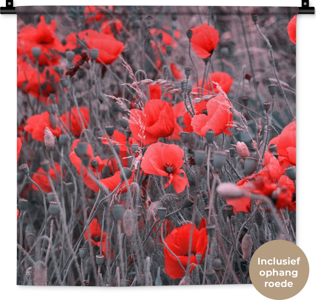 MuchoWow Wandteppich Wandbehang Rote Mohnblumen in einem Schwarz-Weiß-Bild 60x60 cm Tapisserie Dekoration Wandtuch - Dekorationen - Wand Decke