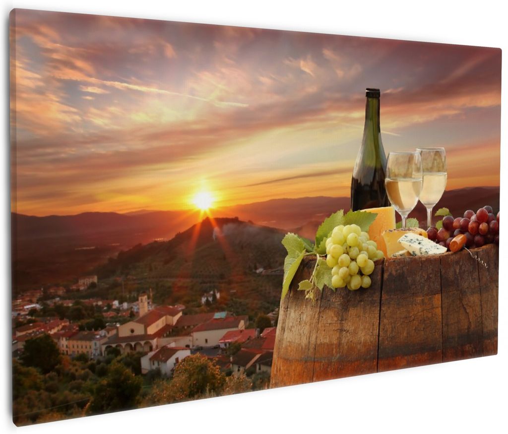 Wallario Premium Leinwandbild Wein Romantik - Weißwein mit Käse auf einem Fass in Größe 60 x 90 cm