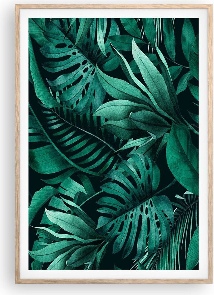 Gerahmtes Poster - Rahmen in heller Eiche - Blätter Grafiken Monstera - 70x100 cm - Wand Bild - Wanddeko - Wandbilder - Kunstposter - Wandposter -...