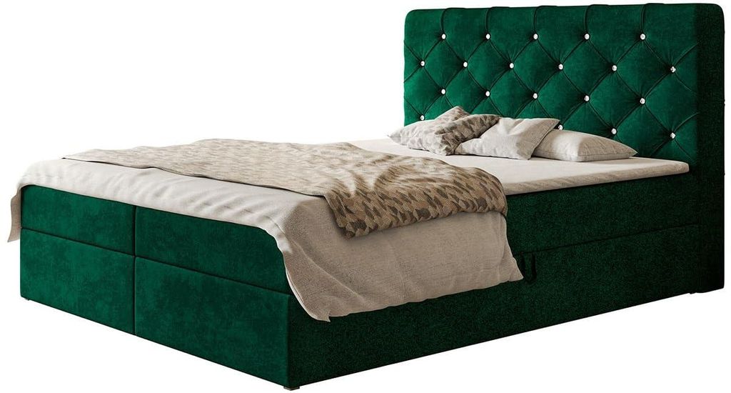 Boxspringbett Boston 140x200 mit Stauraum und Bonell-Matratze, Dunkelgrün