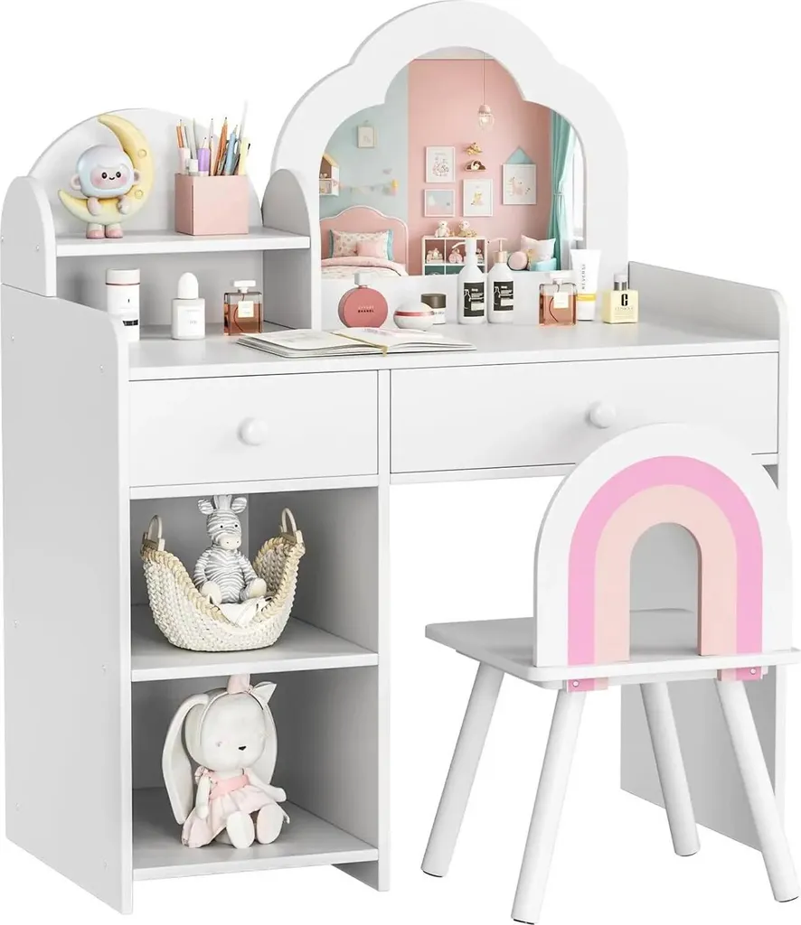 Bureau de Maquillage Enfant Nuage avec 2 Tiroirs et Miroir en Bois