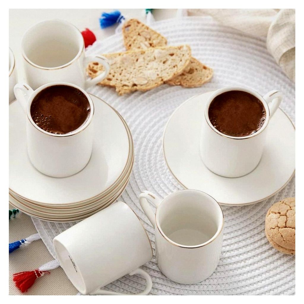 Elda Türkische Kaffeetassen Set für 6 Personen, 6 Espressotassen und 6 Untertassen, Mokkatassen, Cappuccino, Kaffeeservice aus Porzellan