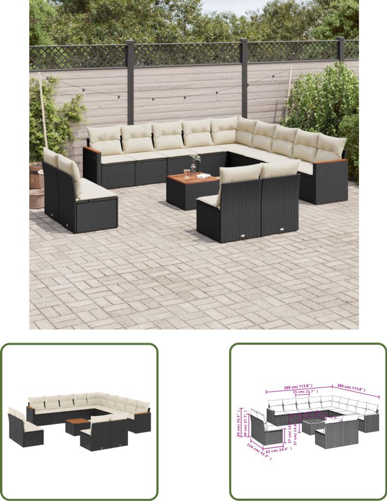 The Living Store 14-tlg. Garten-Sofagarnitur mit Kissen Schwarz Poly Rattan