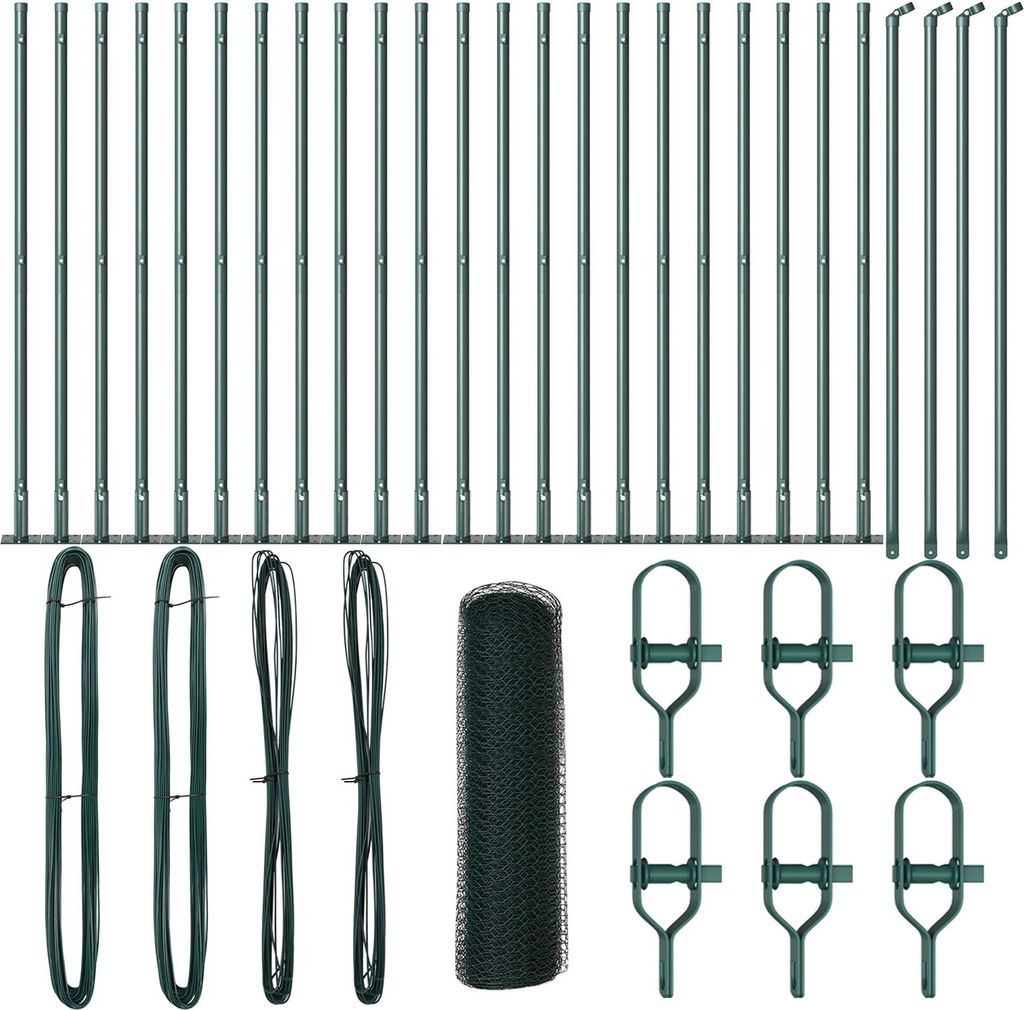 Möbel Sechseckzaun Grün 0,8x50 m Stahl, Zaunpfosten mit Fußplatten 13 Stück Ø32mm 90cm verzinkter Stahl - Zaunzubehör 3353549