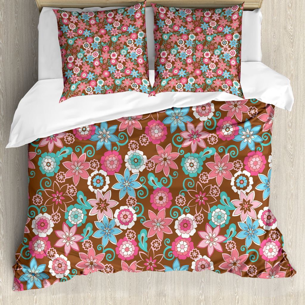 ABAKUHAUS Blumen Bettbezug, Blütenblätter Röschen, Milbensicher Allergiker geeignet mit Kissenbezügen, 155 cm x 220 cm - 80 x 80 cm, Rosa Brown...