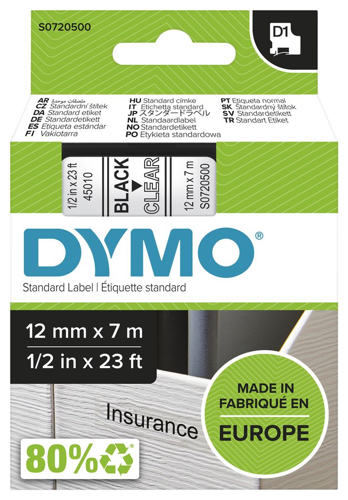 DYMO Original D1-Etikettenband | 12 mm x 7 m |schwarz auf Produktbild 