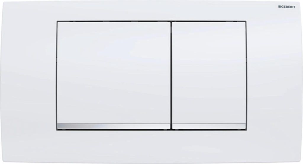 A white dual-flush toilet actuator plate with two buttons and a silver accent strip.
