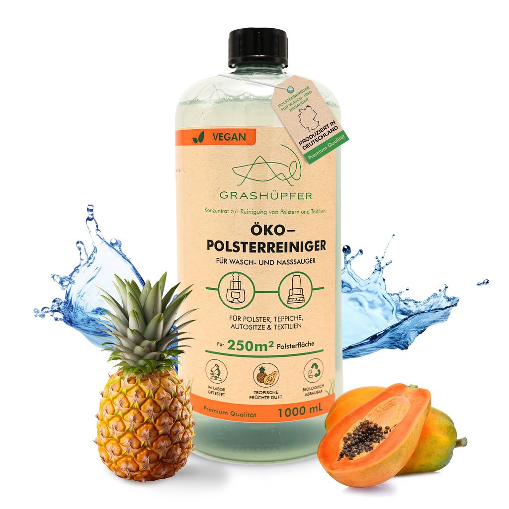 GRASHÜPFER Öko-Polsterreiniger 1 Liter Konzentrat für 250qm Polsterfläche "Tropischer Früchte Duft" für alle Wasch- und Nasssauger