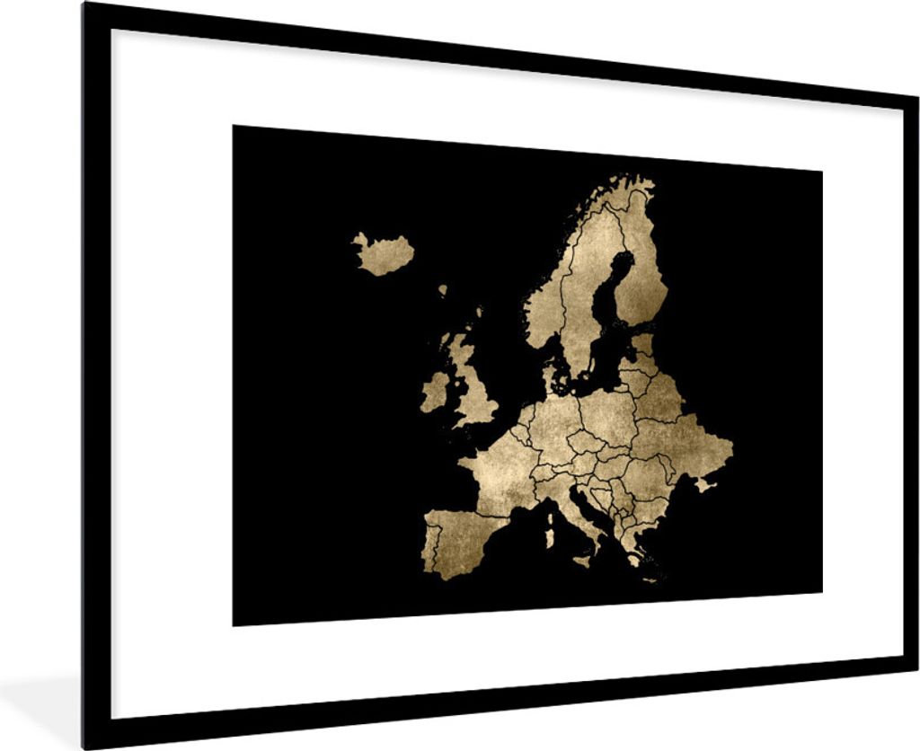 MuchoWow MuchoWow Gerahmtes Poster Karte - Europa - Gold 90x60 cm - Poster mit zchwarzem Bilderrahmen - Wanddekoration - Fotos