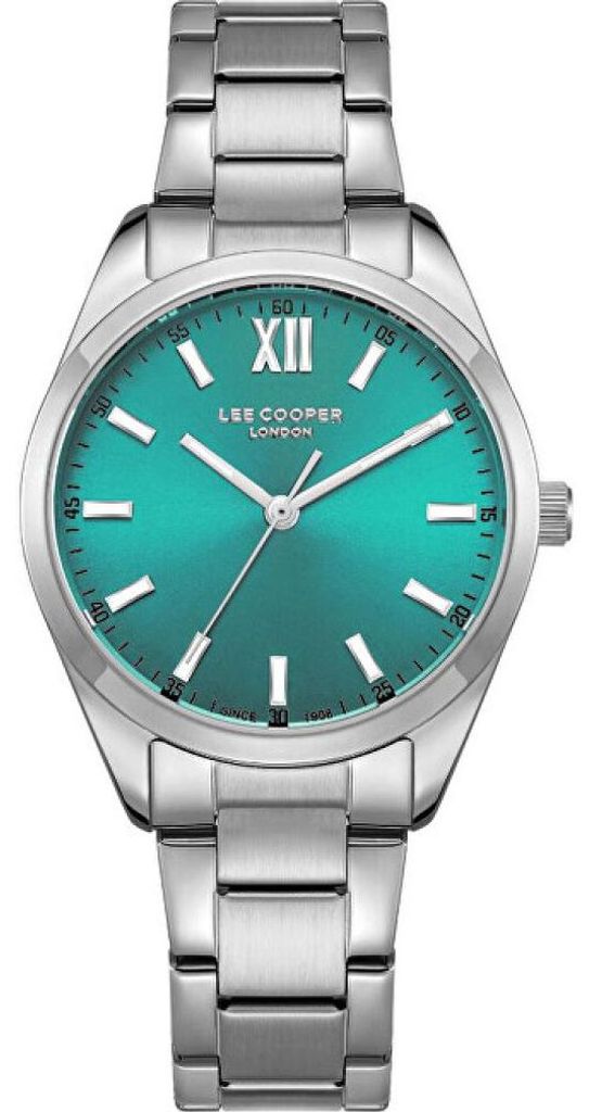 Lee Cooper Damen Armbanduhr LC08015.380 mit türkisfarbenem Zifferblatt und silbernem Gehäuse