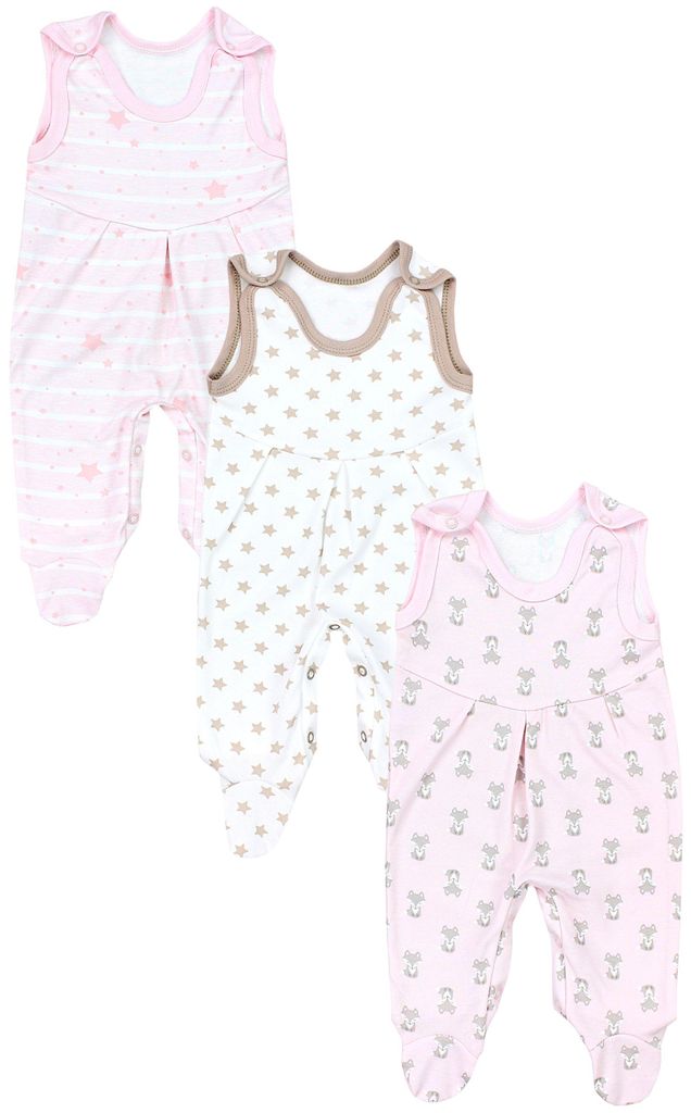 TupTam Baby Mädchen Strampler mit Fuß 3er Pack, Farbe: Fuchs Rosa Streifen Sterne Beige, Größe: 50
