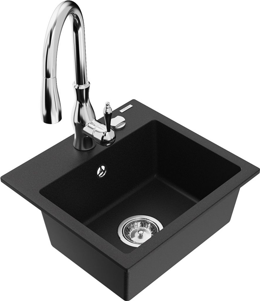 Mexen Milo 1-Becken-Granit-Spüle mit Mischbatterie Savita, Schwarz - 6505-77-672601-00