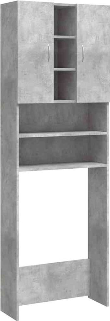 A tall, narrow, concrete-gray cabinet with two doors at the top and open shelves below.