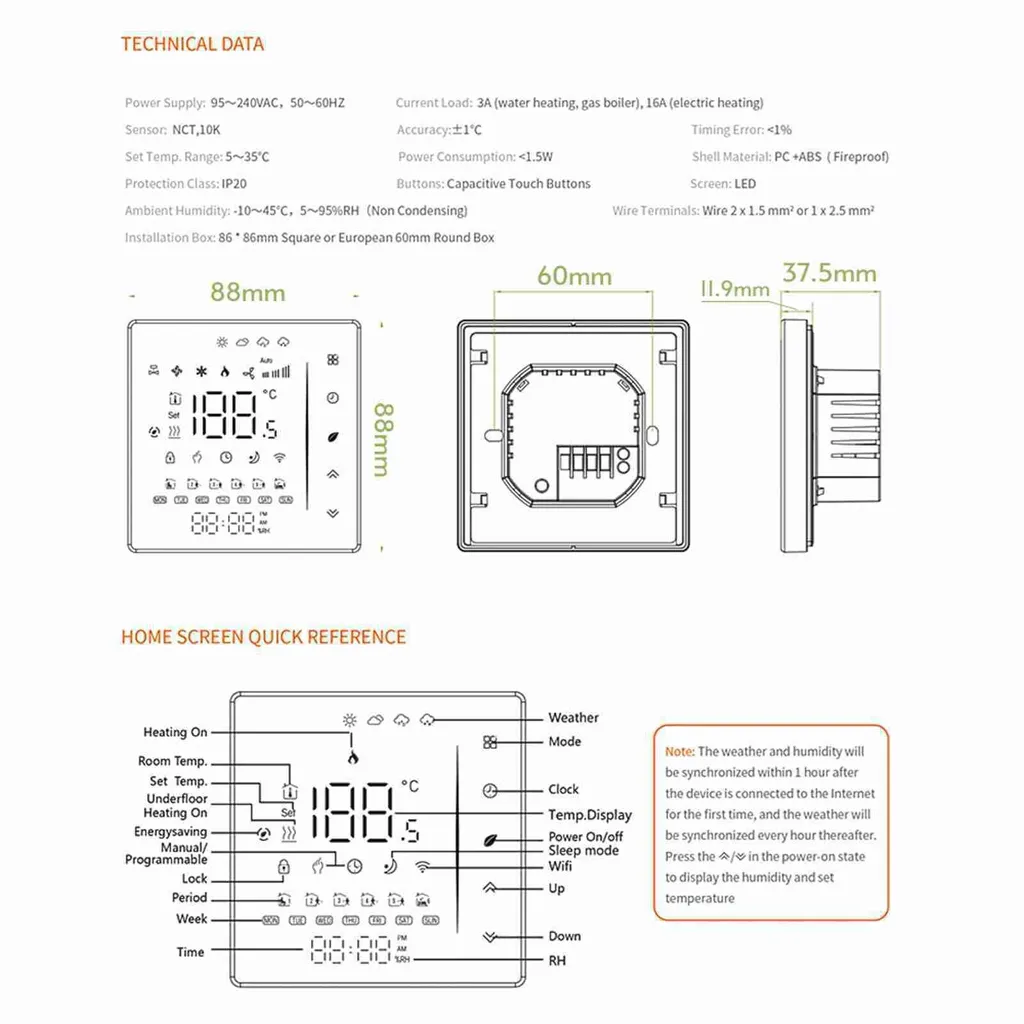 Thermostat Connecté WiFi Chauffage Eau 5A Écran Tactile Noir Compatible Alexa