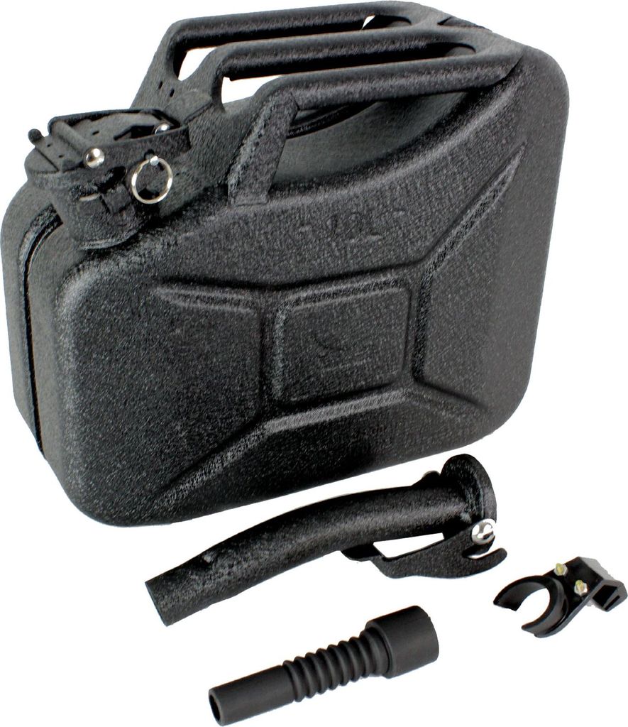 Kraftstoffkanister Metall 10L Hammerschlag kratzfest inkl. Ausgießer + Halter schwarz UN-Zulassung