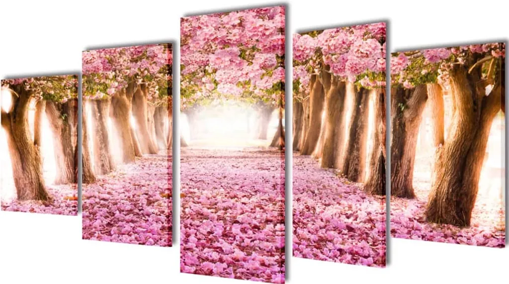 Quadro Moderno 5 Pezzi Fiori di Ciliegio 200x100 | Design Interni Zen