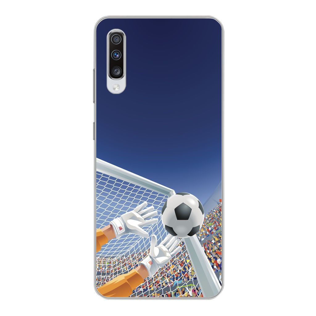 MuchoWow Handyhülle Schutzhülle Hülle für Samsung Galaxy A70 Eine Illustration eines Torwarts, der den Fußball stoppt - Junge - Mädchen - K...