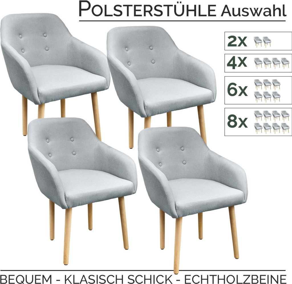 Stühle Esszimmerstühle in 2er, 4er, 6er, 8er Set, Armlehnstuhl Polsterstuhl Stoff Sessel mit Armlehne Echtholz Stuhl Sessel Stuhlbeine in Hellgra...