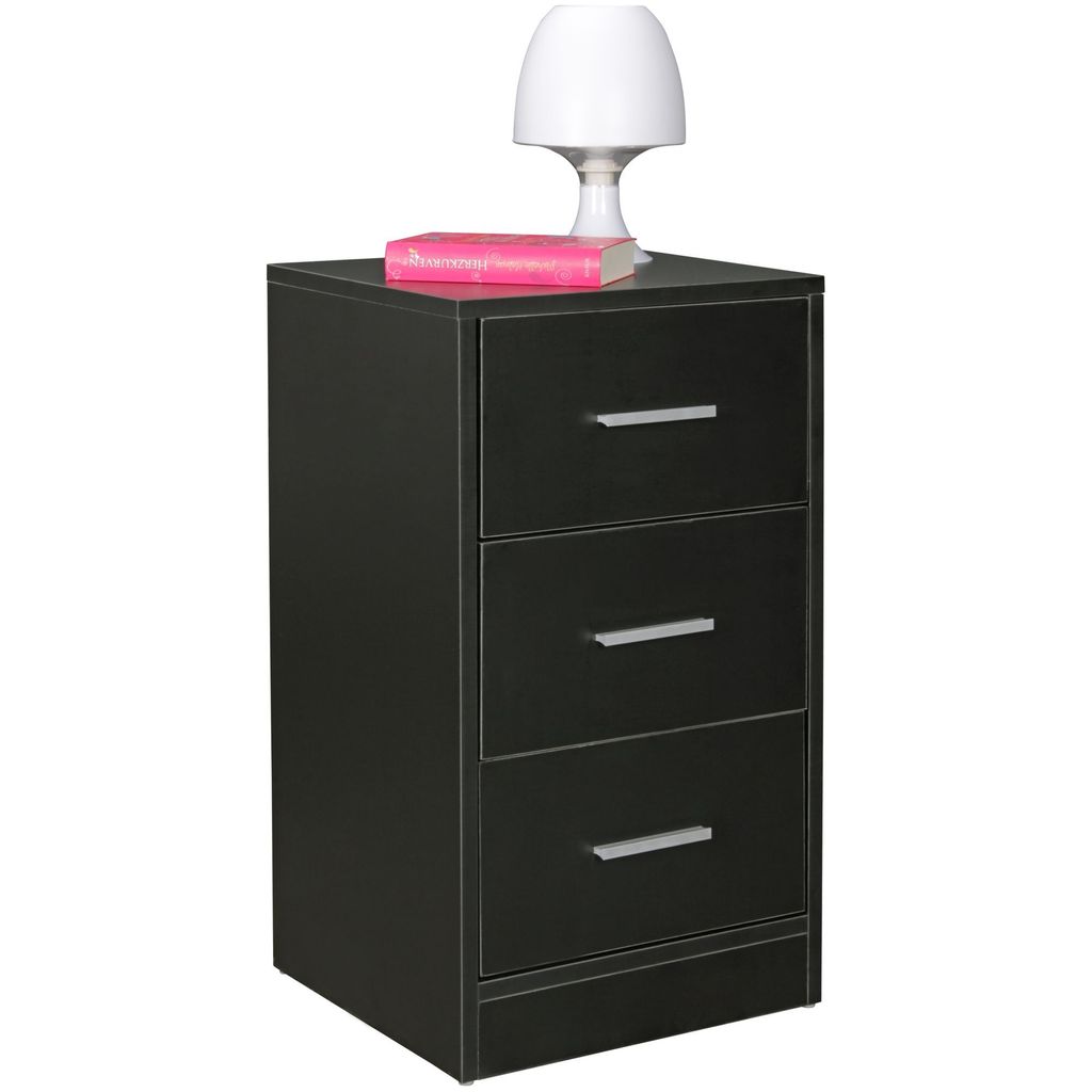 Nachtkonsole FOGGIA Holz Nachttisch modern mit 3 Schubladen schwarz | Design Nachtkästchen 37,5 x 68 x 35 cm | Extra hohes Nachtschränkchen