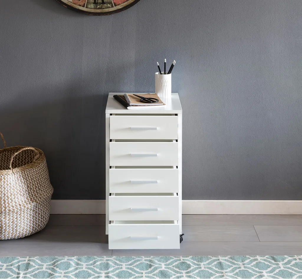 Caisson de bureau 5 tiroirs Rootz en bois blanc - Format compact mobile - 2