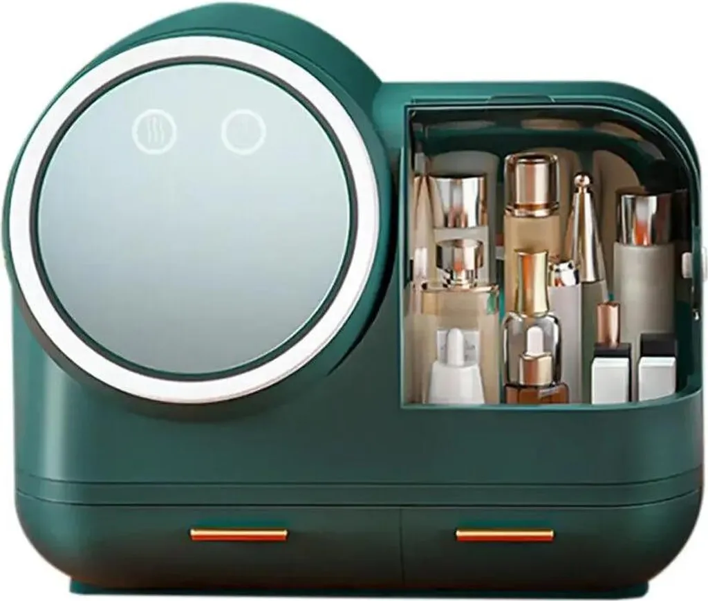 Boîte de rangement cosmétiques avec miroir LED et ventilateur - Vert