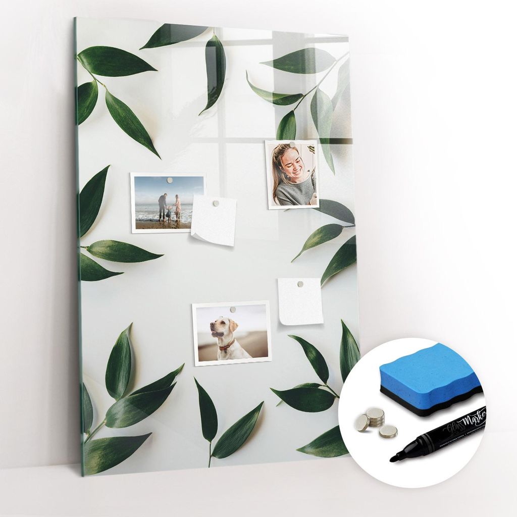 Magnetische Wandtafel - Schwarzer Marker + Schwamm + Magnete - 60 x 90 cm - Grüner Blattrahmen