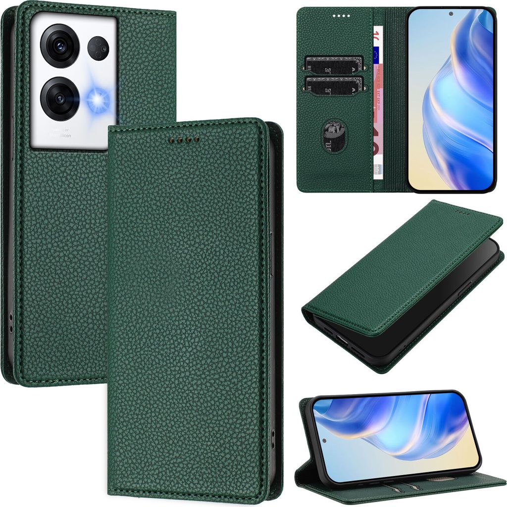 Litchi Leder Handyhülle für Oppo Reno8 Pro+/Reno8 Pro Wallet Kartenfächer Standfunktion Hülle Grün