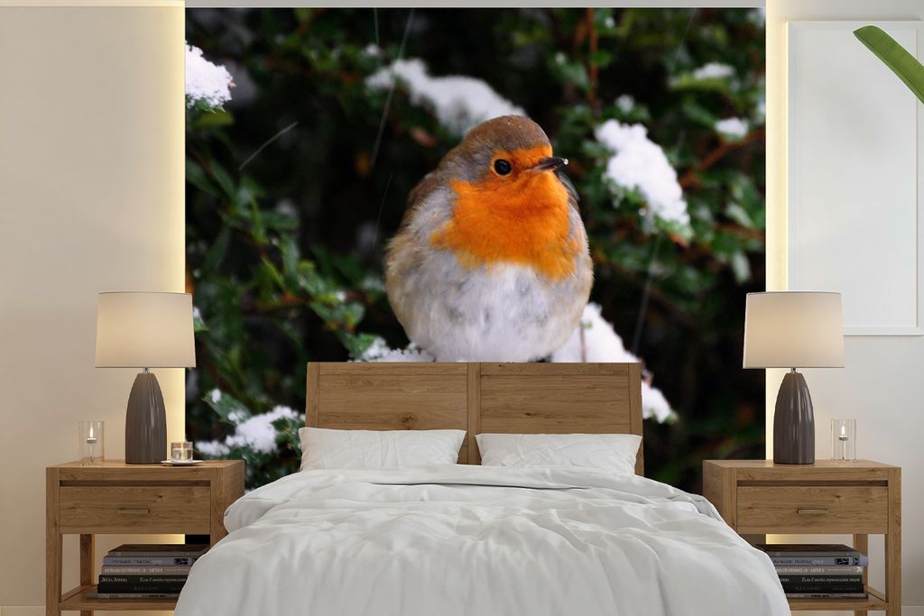 MuchoWow Fototapete für Wohnzimmer oder Schlafzimmer Wandtapete Vinyl Motivtapete Rotkehlchen - Baum - Schnee - 240x240 cm - Schlafzimmer-Tapete
