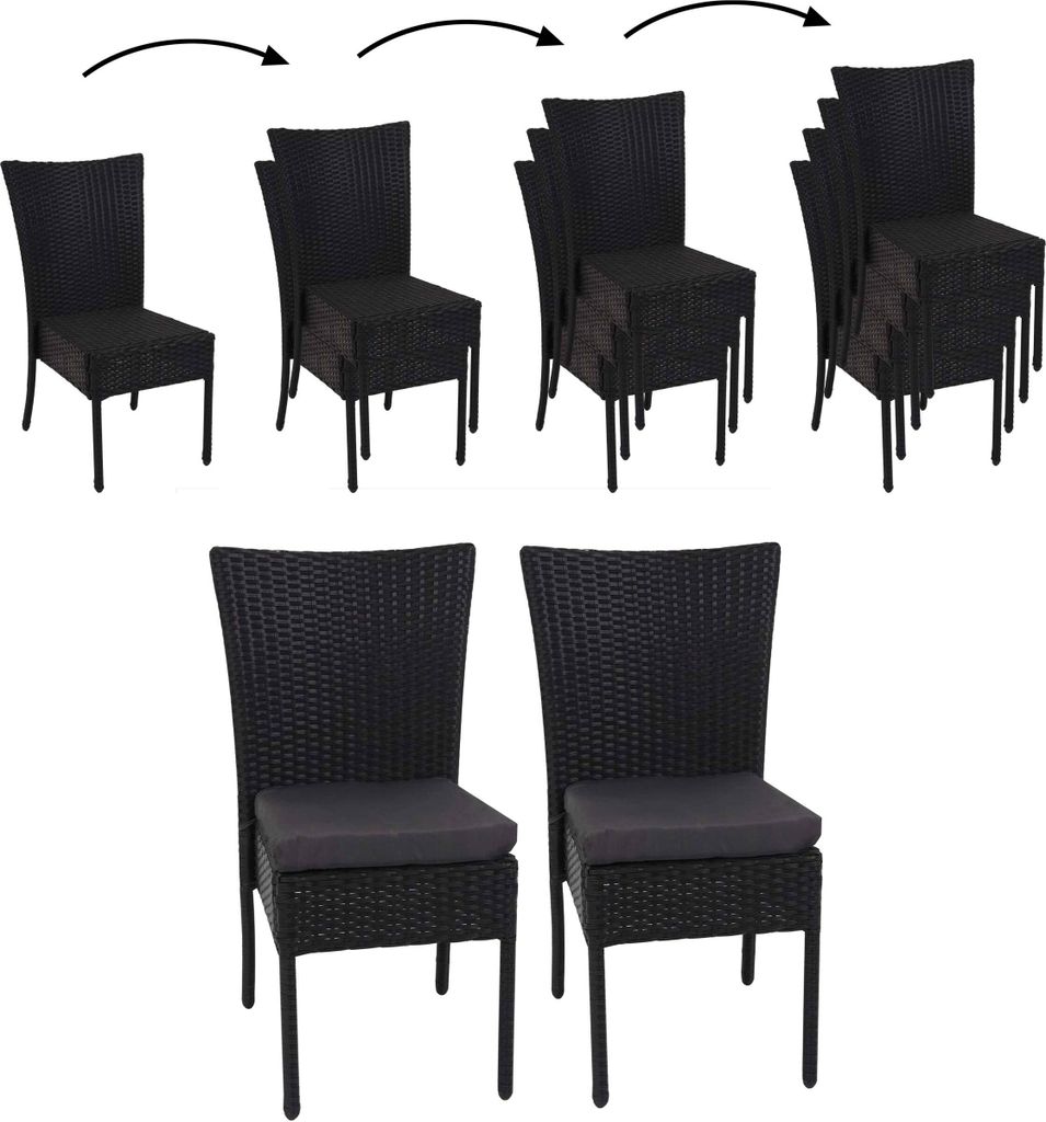 2er-Set Poly-Rattan Stuhl MCW-G19, Balkonstuhl Gartenstuhl, stapelbar schwarz, Kissen dunkelgrau