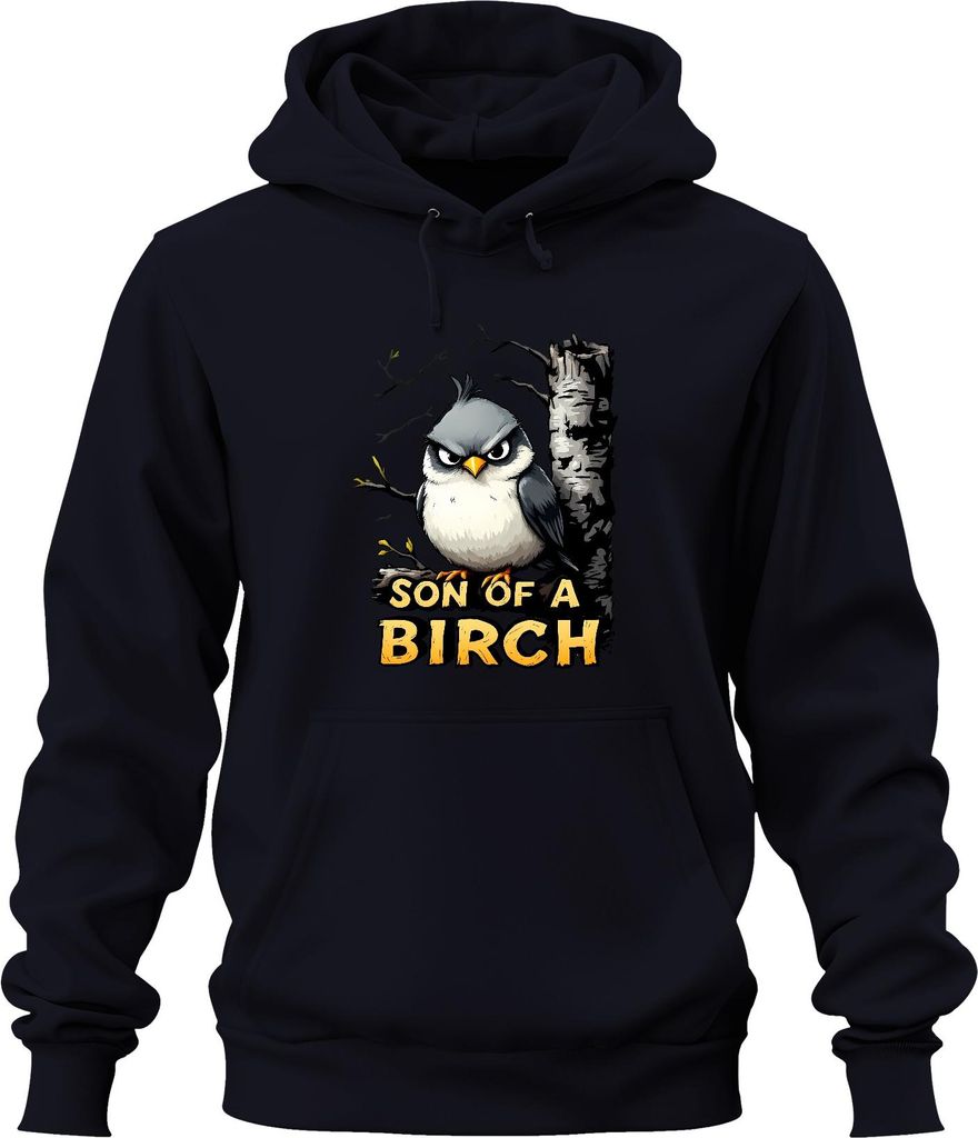 SON OF A BIRCH lustiger Vogel grimmig Birke Cartoon Geschenk Wald Uni Hoodie Kapuzenpullover, Navy, XL