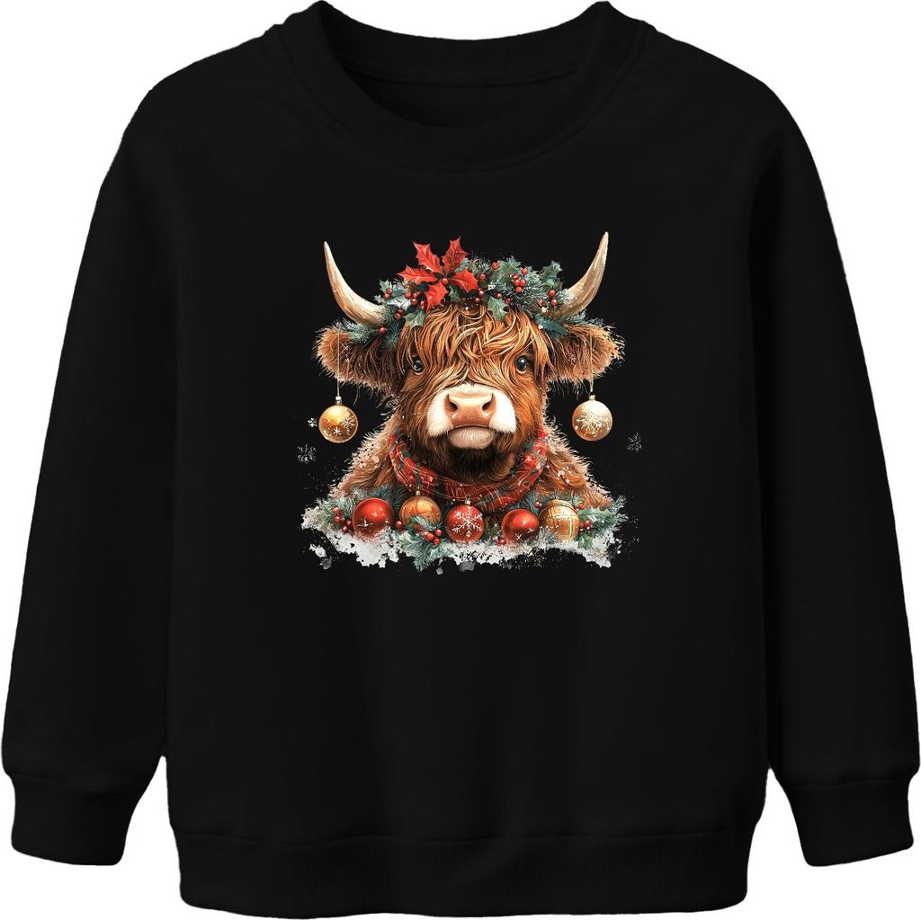 Highland Rind Weihnachten mit Kranz Stechpalme Schneeflocke Retro Uni Kinder Sweatshirt Pullover, Schwarz, 152
