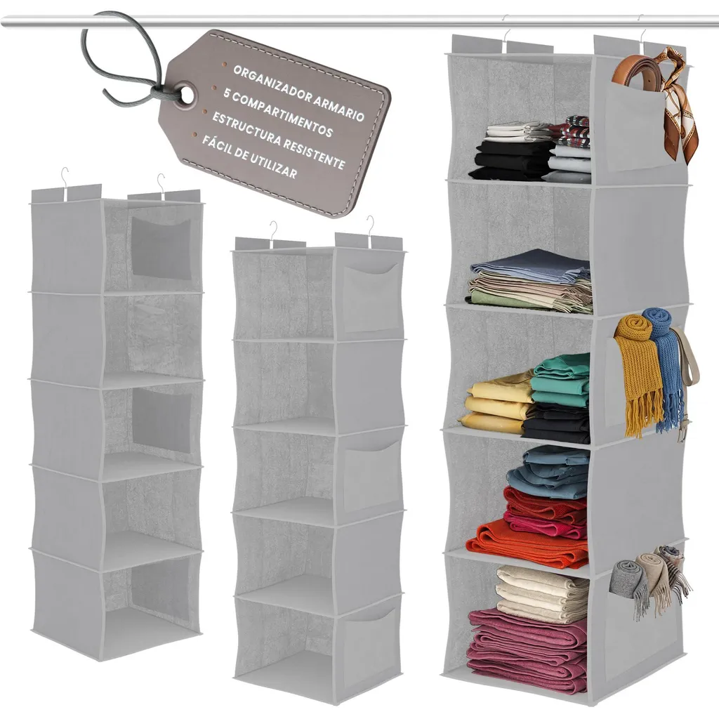 Étagère suspendue armoire pour gain de place, 5 cases et 2 crochets (x2)
