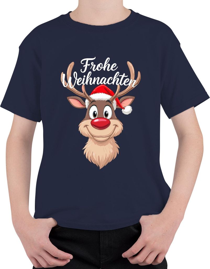 Frohe Weihnachten Rentier Rudolf Weihnachtsmütze Lustig Cartoon Uni Kinder T-Shirt, Navy, 128