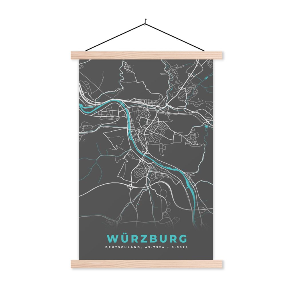 MuchoWow Textilposter Blau - Deutschland - Karte - Stadtplan - Würzburg 40x60 cm mit holzfarbenen Rahmen - Poster