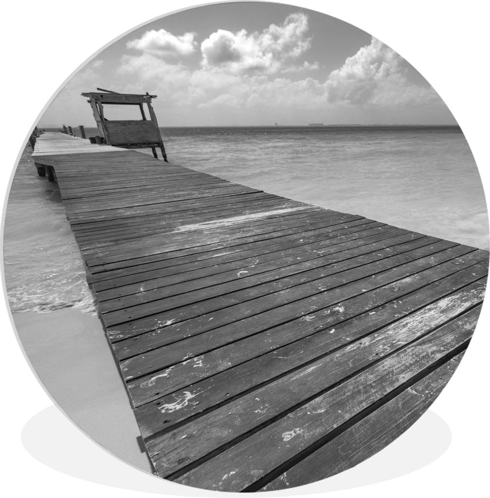 MuchoWow Rundes Wandbild - Runde Bilder Promenade am Karibischen Meer, Isla Mujeres - schwarz und weiß Ø 60 cm Kreis Wanddekoration Kunststoff ...