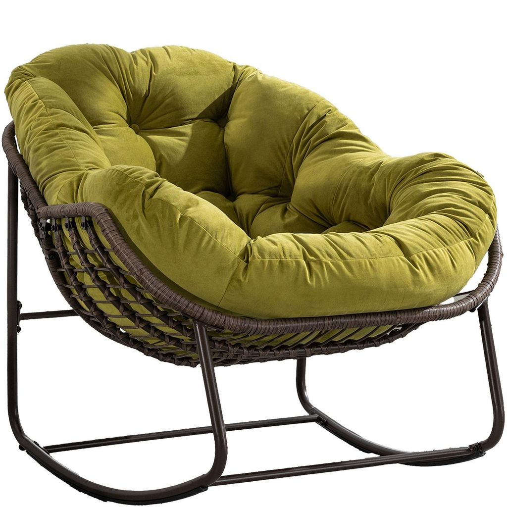 LVHOM Schaukelsessel Garten mit gepolstertem Kissen, Rattanstuhl mit Stahlrahmen, Schaukelstuhl Outdoor Loungesessel, Sessel für Balkon, Olivgrün