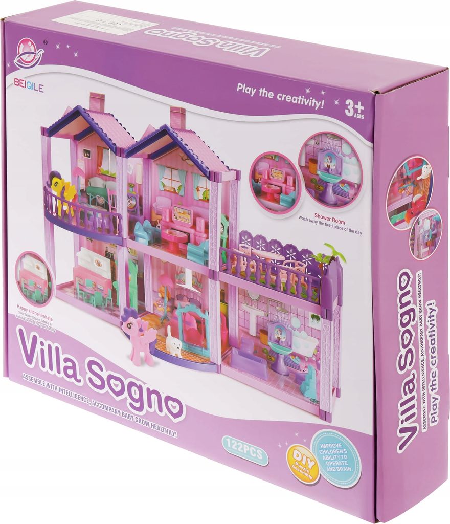 The image shows the packaging of a toy dollhouse and pony set, with the product itself visible through a clear window on the box.