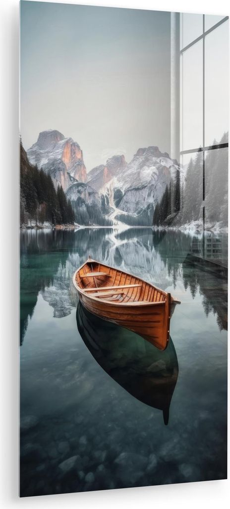 MuchoWow Glasbilder - Bilder auf Wandbild - Foto auf Glas Boot - Berge - Natur - Wasser 40x80 cm Wanddekoration aus Glas - Acrylglasbild - Acrylbil...