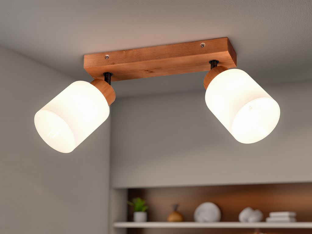 LED Deckenstrahler Holz Natur schwenkbare Lampenschirme Glas Weiß, Breite 30cm