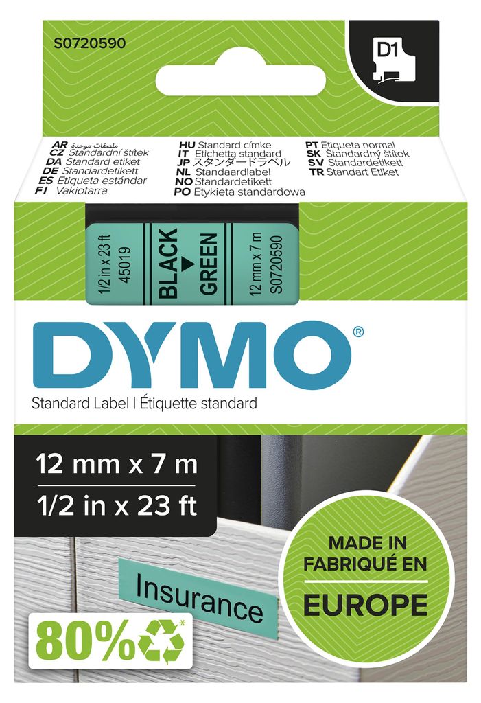 DYMO Original D1-Etikettenband | schwarz auf grün | 12 mm x Produktbild 
