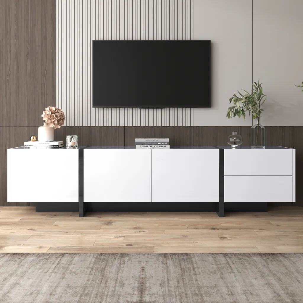 Meuble TV 190cm Blanc Brillant : Cachez vos Câbles et Rangez tout le Salon