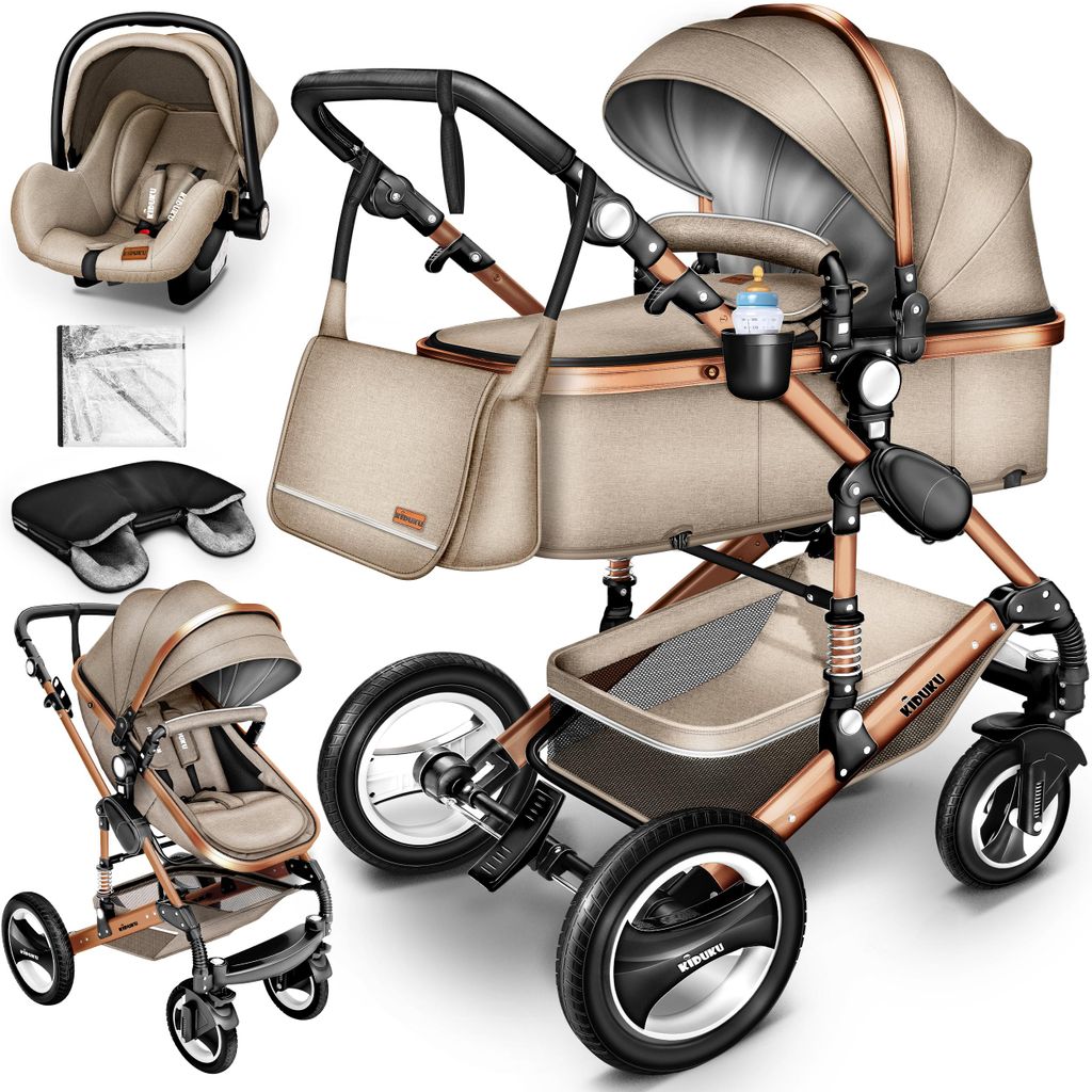 KIDUKU® 3 in 1 Kombi Kinderwagen Beige/Gold Buggy Produktbild 