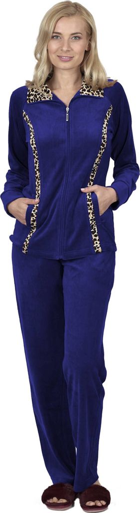 RAIKOU Damen Hausanzug Schlafanzug Baumwolle Freizeitanzug Nicki Velours Jogging anzug mit Reißverschluss und Leo Print Royal Blau 36/38