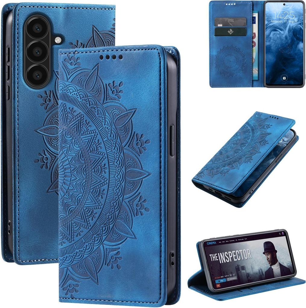 A collage of images showing a blue mandala-patterned phone case for a Samsung Galaxy A36 5G, with different views and angles, including one showing the phone inside and another showing the case open.