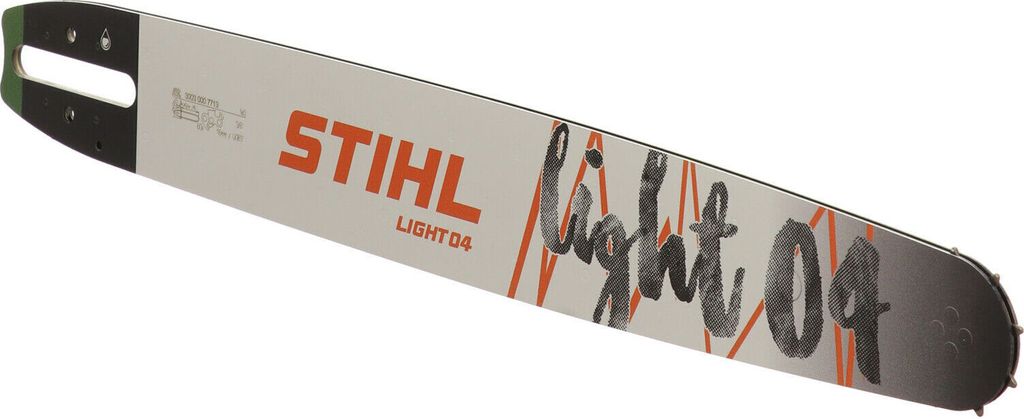 A STIHL chainsaw guide bar is shown against a white background.